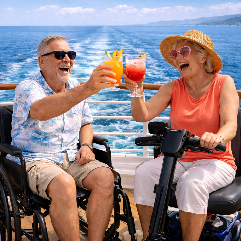 Two cruise companions using accessible mobility aids enjoying drinks together on deck