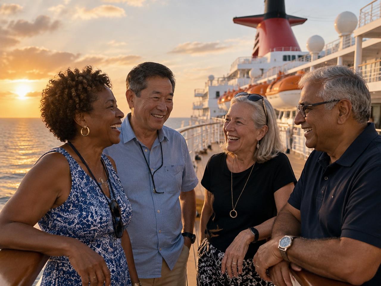 Four cruise friends laughing together on a ship's open deck at golden hour